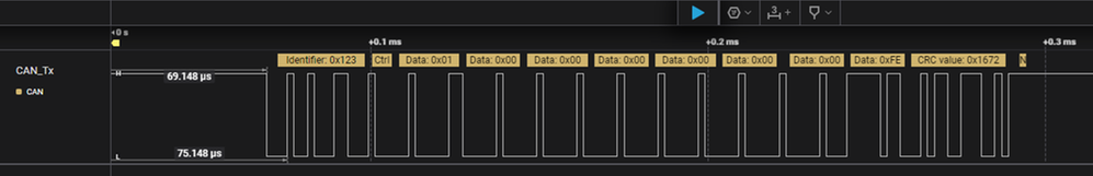 Figure 26. Zoom-in on the first CAN frame sent by the STM32 and captured by the logic analyzer