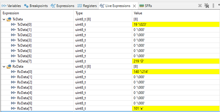 Figure 27. Tx and Rx buffers are changing in live in the STM32CubeIDE debugger