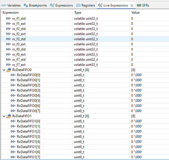 Figure 21. Variables related the CAN Rx operation are added to the Live Expression