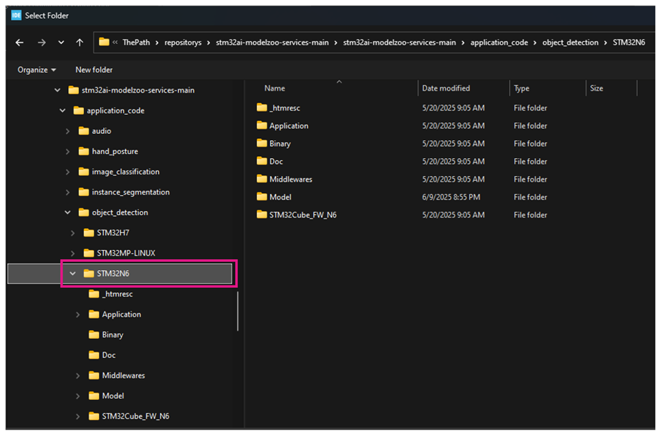 Selecting the Object Detection Project to import on the STM32CubeIDE