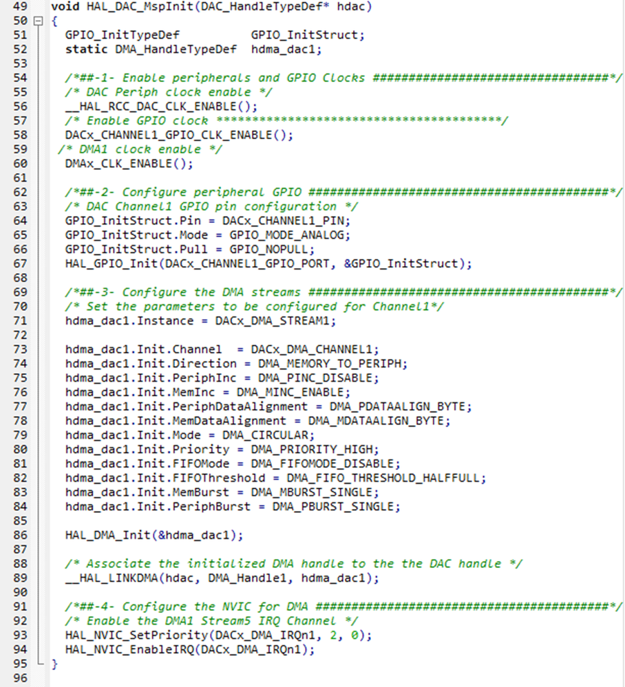 Figure 7:&nbsp;Original source code without the ioc: DAC DMA configuration inside stm32f4xx_hal_msp.c file.