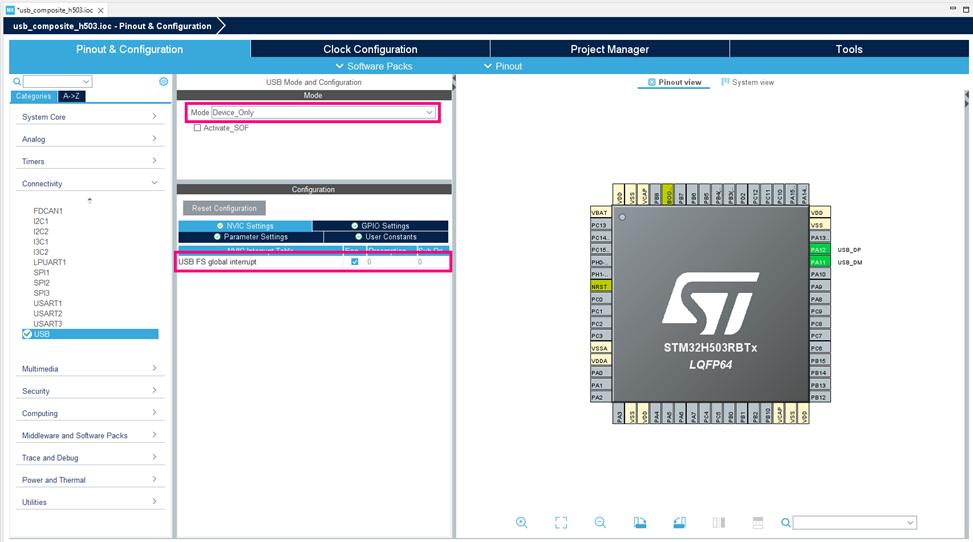 Figure 3. USB Peripheral configuration - STM32CubeIDE